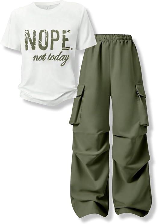 TweenFit Girls Letter Print Short Sleeve Top & Cargo Pants 2-Piece Outfit | Ages 7-16