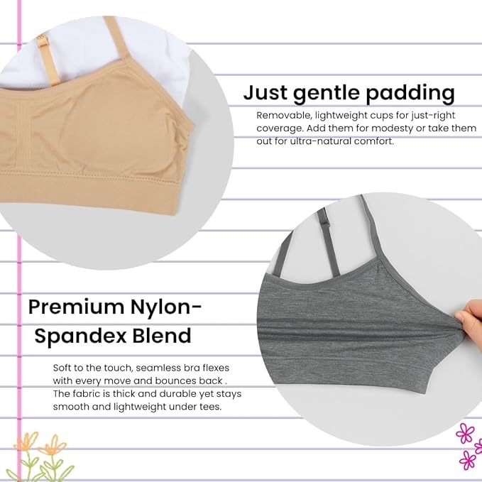 TweenFit Girls Seamless Padded Training Bra Pack – Crop Cami Bras with Removable Padding for Tweens