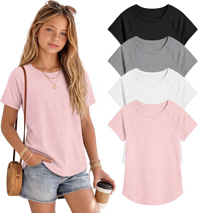 Girls Shirts 4 Pack – Short Sleeve Crew Neck Loose Fit Curved Hem Casual Tees for Teen Girls Kids Sizes 5-14 Summer 2026