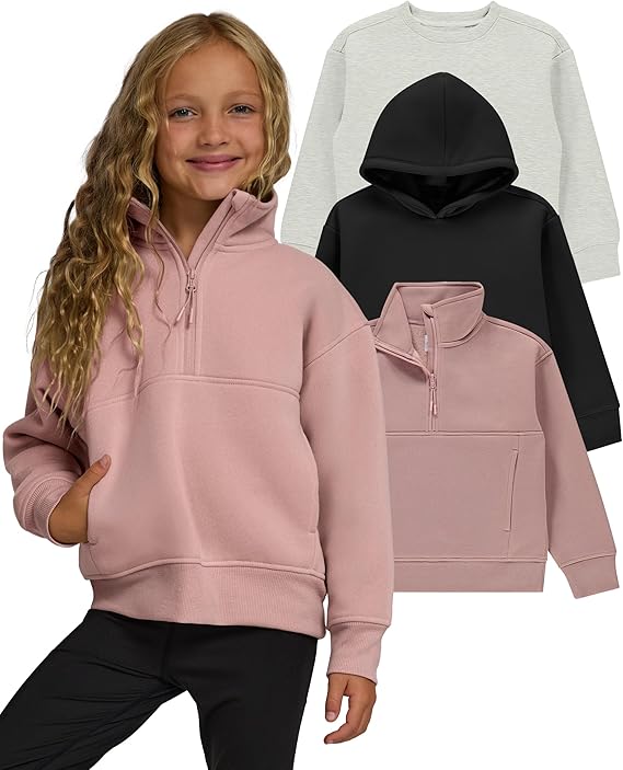 PURE CHAMP Girls Hoodies 3 Pack – Fleece Crewneck & Quarter Zip Sweatshirts for Girls Teen Sizes 4-16