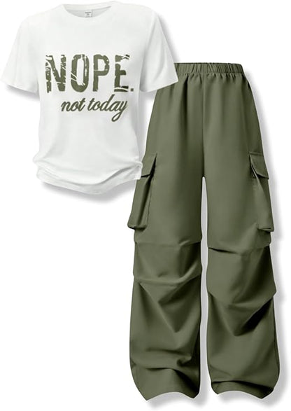 TweenFit Girls Letter Print Short Sleeve Top & Cargo Pants 2-Piece Outfit | Ages 7-16
