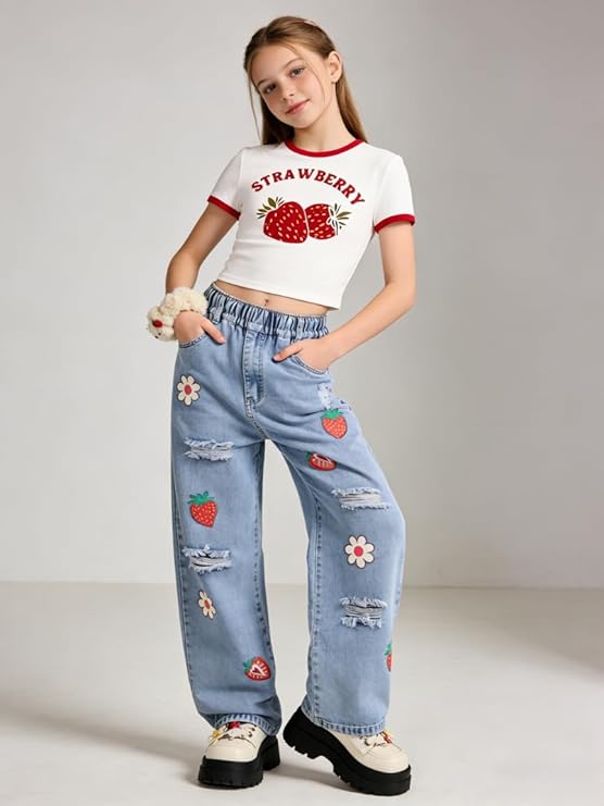 TweenFit Girls Short Sleeve Top & Butterfly Design Jeans 2-Piece Spring Summer Outfit | Ages 6-14