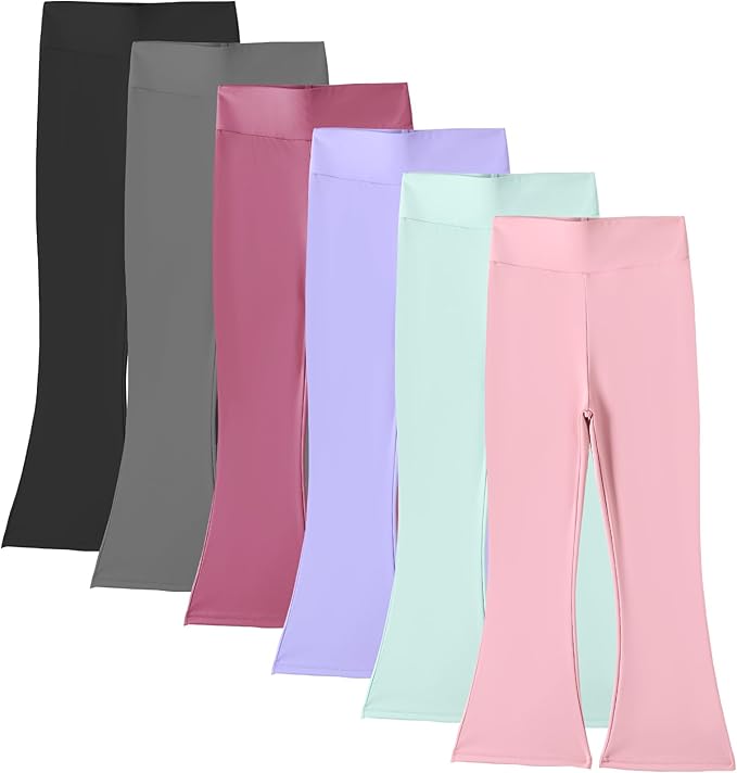 Girls Flare Leggings 6 Pack – High Waisted Bootcut Bell Bottom Yoga Pants for Girls Kids Sizes 5-14