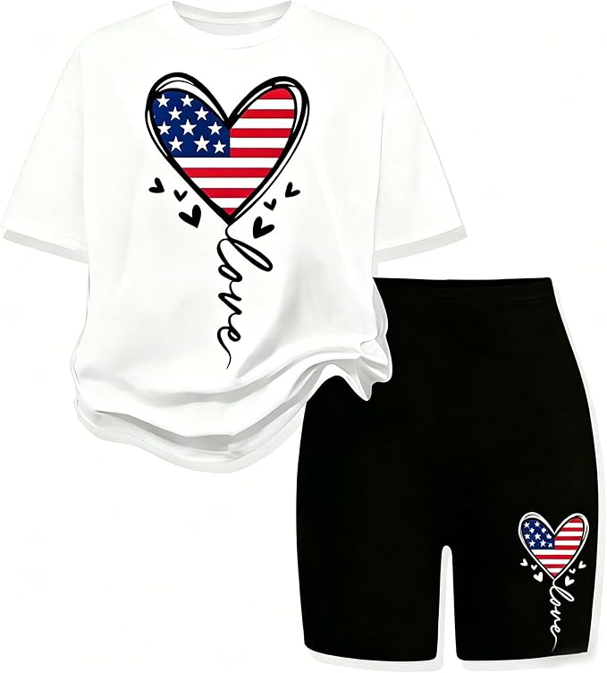 TweenFit Girls 2-Piece Trendy Short Sleeve Top & Shorts Summer Outfit Set