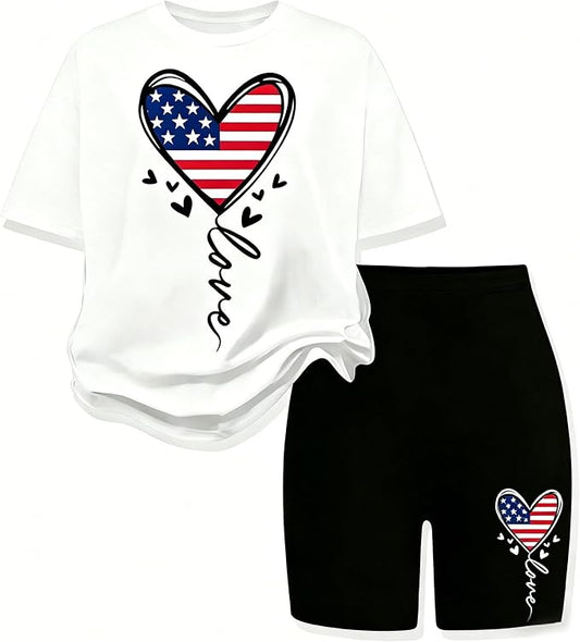TweenFit Girls 2-Piece Trendy Short Sleeve Top & Shorts Summer Outfit Set