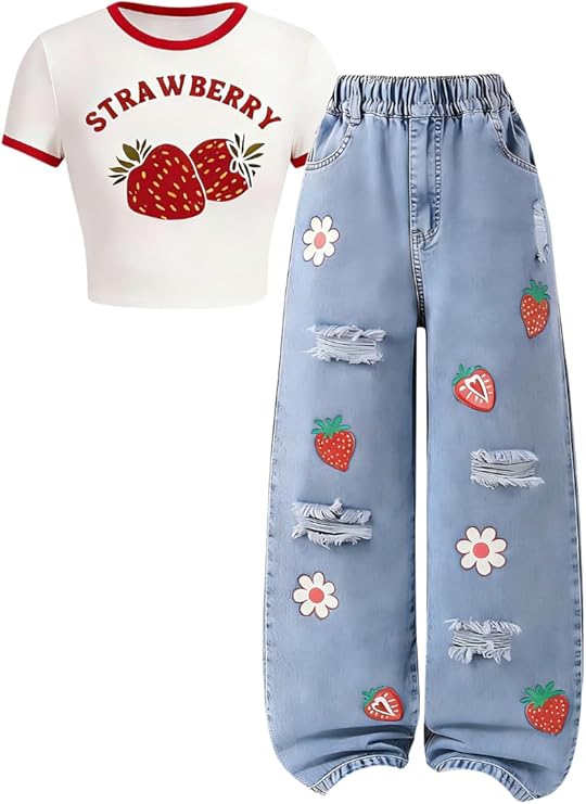TweenFit Girls Short Sleeve Top & Butterfly Design Jeans 2-Piece Spring Summer Outfit | Ages 6-14