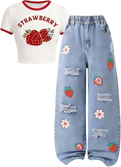 TweenFit Girls Short Sleeve Top & Butterfly Design Jeans 2-Piece Spring Summer Outfit | Ages 6-14