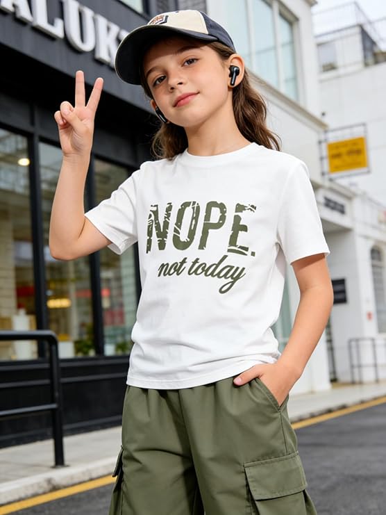 TweenFit Girls Letter Print Short Sleeve Top & Cargo Pants 2-Piece Outfit | Ages 7-16