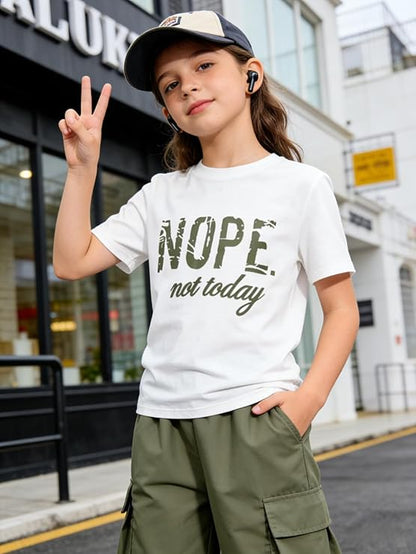 TweenFit Girls Letter Print Short Sleeve Top & Cargo Pants 2-Piece Outfit | Ages 7-16