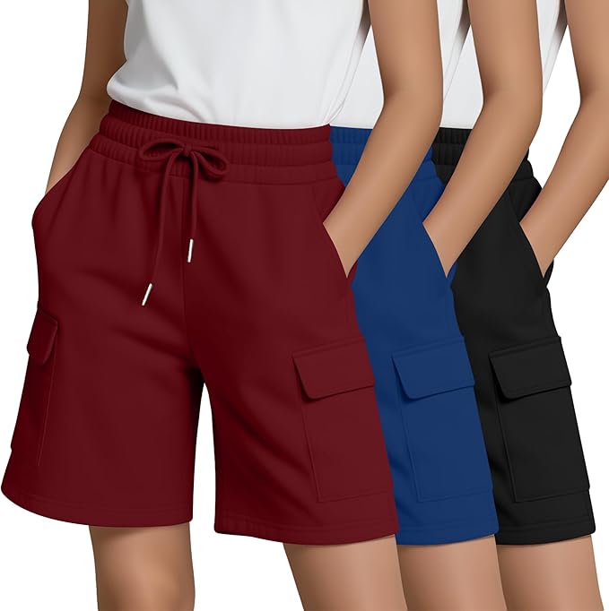 Girls Cargo Bermuda Shorts 3 Pack – Elastic Drawstring Long Shorts Loose Casual Yoga SweatShorts with 4 Pockets for Teen Girls Sizes 5-14