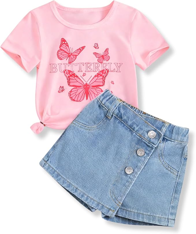 TweenFit Girls 2-Piece Butterfly Print Short Sleeve T-Shirt & Denim Skirt Shorts Summer Outfit Set