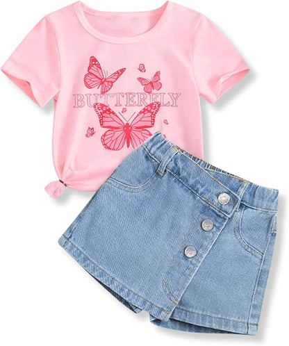 TweenFit Girls 2-Piece Butterfly Print Short Sleeve T-Shirt & Denim Skirt Shorts Summer Outfit Set