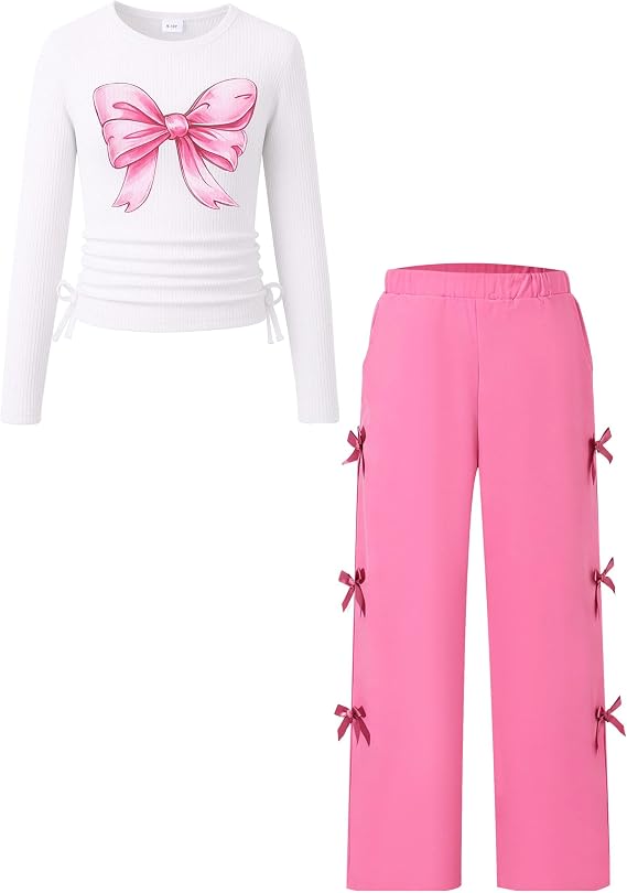 TweenFit Girls Long Sleeve Ruched Knit Top & Bow Pants 2-Piece Fall Winter Outfit | Ages 6-12