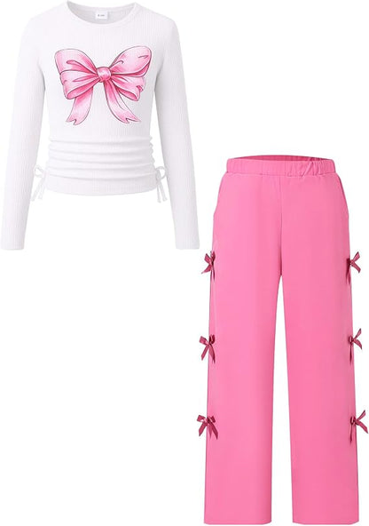 TweenFit Girls Long Sleeve Ruched Knit Top & Bow Pants 2-Piece Fall Winter Outfit | Ages 6-12