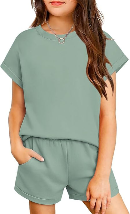 TweenFit Girls Summer 2-Piece Short Sleeve T-Shirt Top & Shorts Set with Pockets
