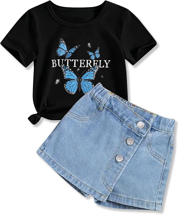 TweenFit Girls 2-Piece Butterfly Print Short Sleeve T-Shirt & Denim Skirt Shorts Summer Outfit Set