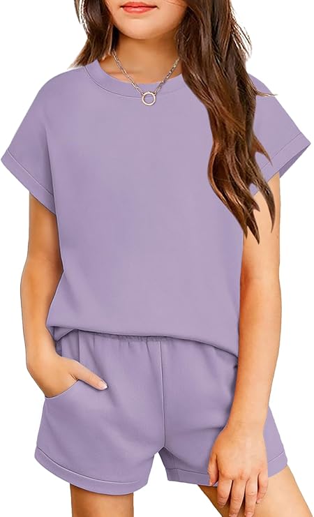 TweenFit Girls Summer 2-Piece Short Sleeve T-Shirt Top & Shorts Set with Pockets