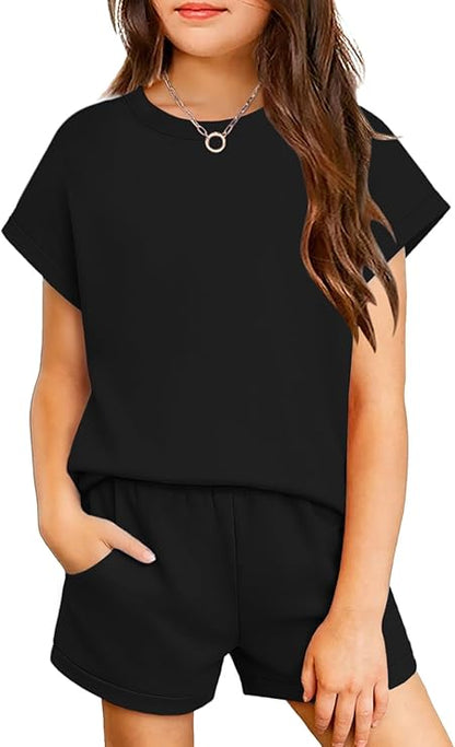TweenFit Girls Summer 2-Piece Short Sleeve T-Shirt Top & Shorts Set with Pockets