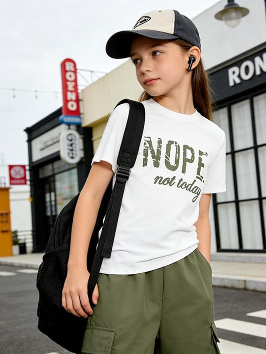 TweenFit Girls Letter Print Short Sleeve Top & Cargo Pants 2-Piece Outfit | Ages 7-16