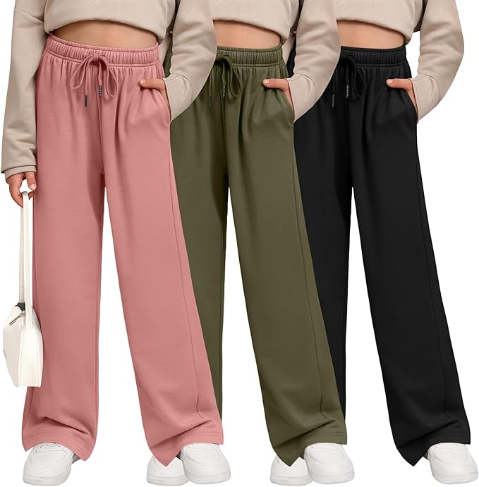 Girls Wide Leg Sweatpants 3 Pack – Open Bottom Joggers with Pockets Drawstring Teen Girls Kids School Casual Pants 2026
