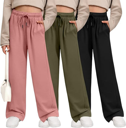 Girls Wide Leg Sweatpants 3 Pack – Open Bottom Joggers with Pockets Drawstring Teen Girls Kids School Casual Pants 2026
