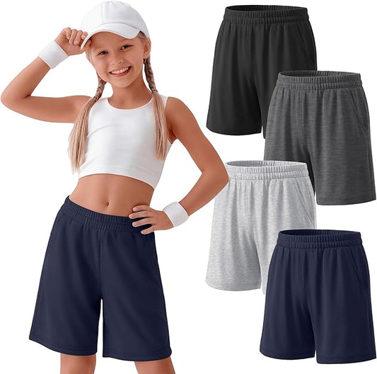 Girls Bermuda Shorts 4 Pack – Knee Length Athletic Shorts for Girls Kids Elastic Waist Loose Summer Shorts Ages 8-16