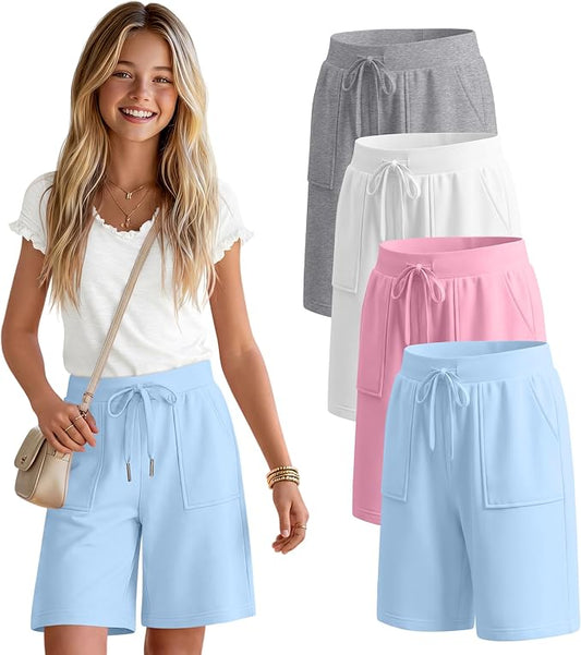 Girls Bermuda Shorts 4 Pack – Knee Length Athletic Long Shorts Straight Leg for Girls Ages 5-14 School Summer 2026