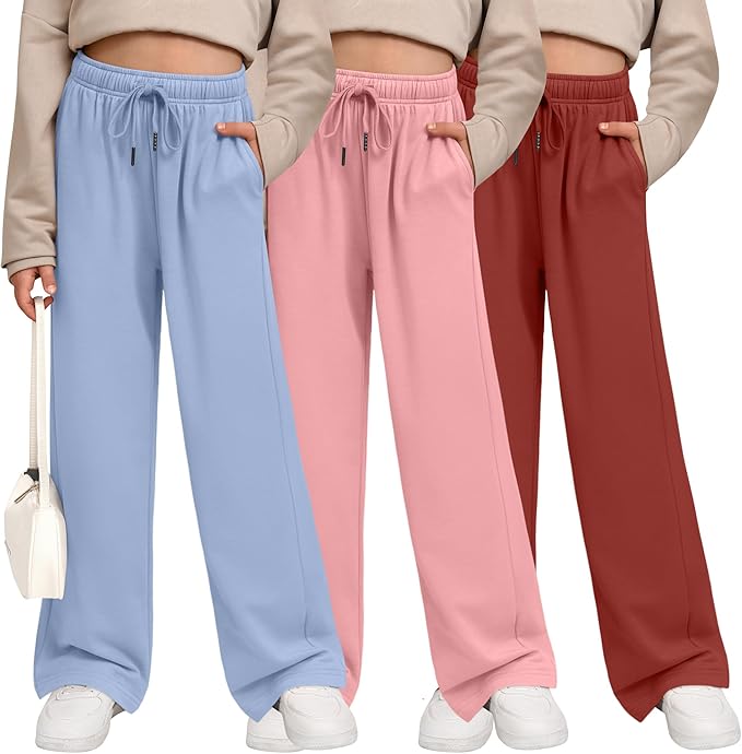 Girls Wide Leg Sweatpants 3 Pack – Open Bottom Joggers with Pockets Drawstring Teen Girls Kids School Casual Pants 2026