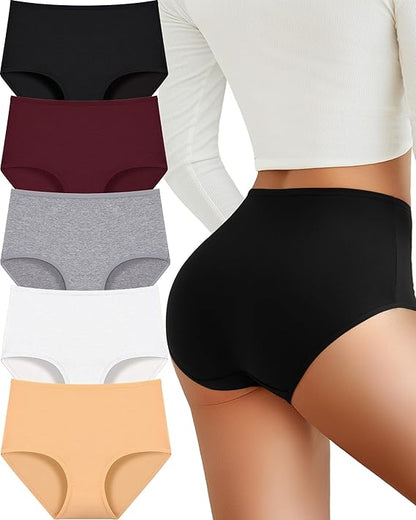 Women's Cotton High Waist Brief Panties 5-Pack | Full Coverage Soft Underwear XS-XXXL Plus Size