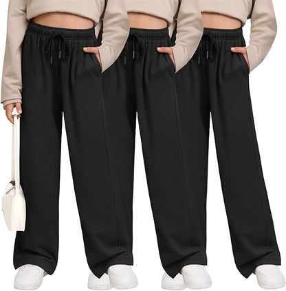 Girls Wide Leg Sweatpants 3 Pack – Open Bottom Joggers with Pockets Drawstring Teen Girls Kids School Casual Pants 2026