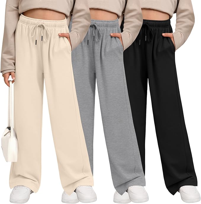 Girls Wide Leg Sweatpants 3 Pack – Open Bottom Joggers with Pockets Drawstring Teen Girls Kids School Casual Pants 2026