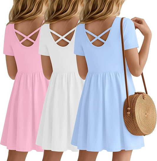 Girls Summer Dresses 3 Pack – Short Sleeve V Neck Twirl Skater Dress for Girls Kids Sizes 4-16 Casual Party 2026