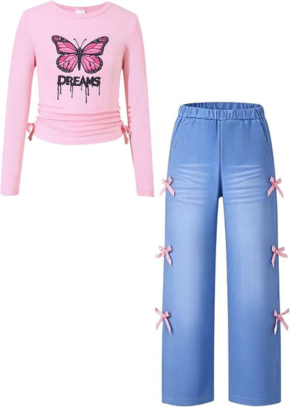 TweenFit Girls Long Sleeve Ruched Knit Top & Bow Pants 2-Piece Fall Winter Outfit | Ages 6-12