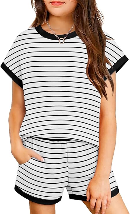 TweenFit Girls Summer 2-Piece Short Sleeve T-Shirt Top & Shorts Set with Pockets