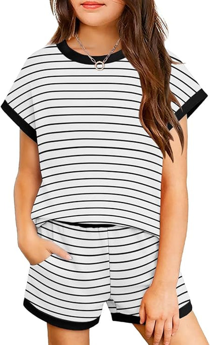 TweenFit Girls Summer 2-Piece Short Sleeve T-Shirt Top & Shorts Set with Pockets