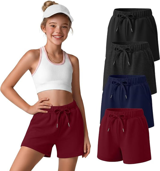 Girls Athletic Shorts 4 Pack with Pockets – Elastic Waist Drawstring Summer Short Pants for Teen Girls Kids Ages 5-14