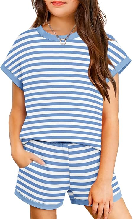 TweenFit Girls Summer 2-Piece Short Sleeve T-Shirt Top & Shorts Set with Pockets