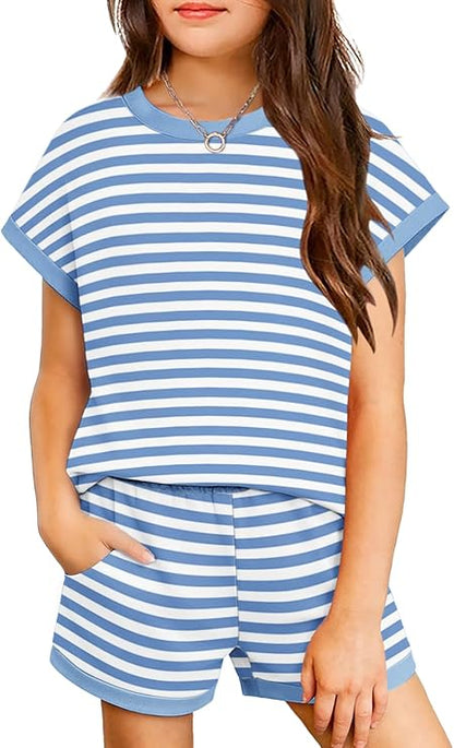 TweenFit Girls Summer 2-Piece Short Sleeve T-Shirt Top & Shorts Set with Pockets