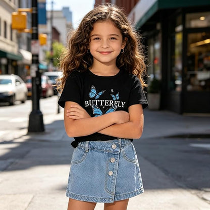 TweenFit Girls 2-Piece Butterfly Print Short Sleeve T-Shirt & Denim Skirt Shorts Summer Outfit Set