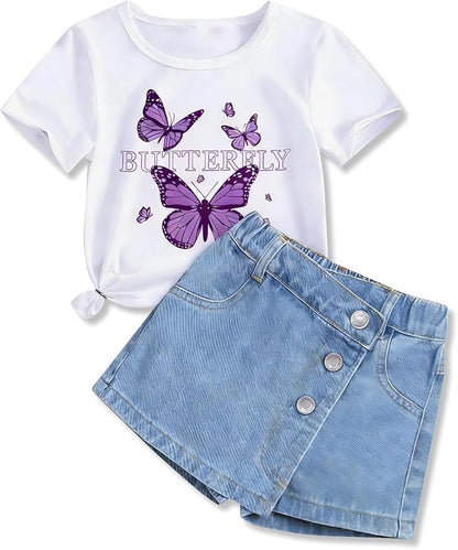 TweenFit Girls 2-Piece Butterfly Print Short Sleeve T-Shirt & Denim Skirt Shorts Summer Outfit Set