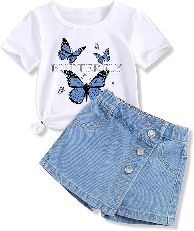 TweenFit Girls 2-Piece Butterfly Print Short Sleeve T-Shirt & Denim Skirt Shorts Summer Outfit Set