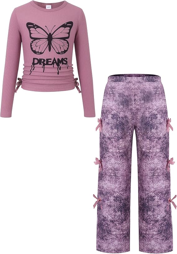 TweenFit Girls Long Sleeve Ruched Knit Top & Bow Pants 2-Piece Fall Winter Outfit | Ages 6-12