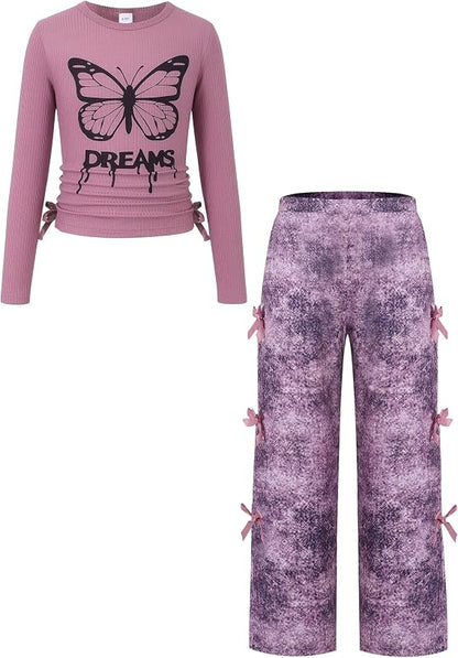 TweenFit Girls Long Sleeve Ruched Knit Top & Bow Pants 2-Piece Fall Winter Outfit | Ages 6-12