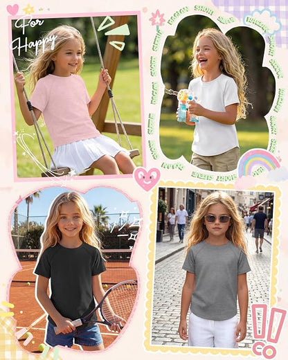 Girls Shirts 4 Pack – Short Sleeve Crew Neck Loose Fit Curved Hem Casual Tees for Teen Girls Kids Sizes 5-14 Summer 2026