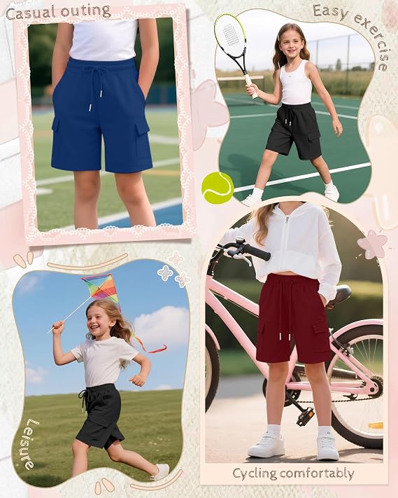 Girls Cargo Bermuda Shorts 3 Pack – Elastic Drawstring Long Shorts Loose Casual Yoga SweatShorts with 4 Pockets for Teen Girls Sizes 5-14