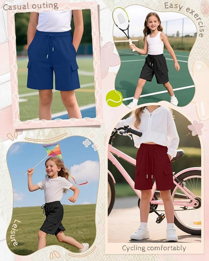 Girls Cargo Bermuda Shorts 3 Pack – Elastic Drawstring Long Shorts Loose Casual Yoga SweatShorts with 4 Pockets for Teen Girls Sizes 5-14