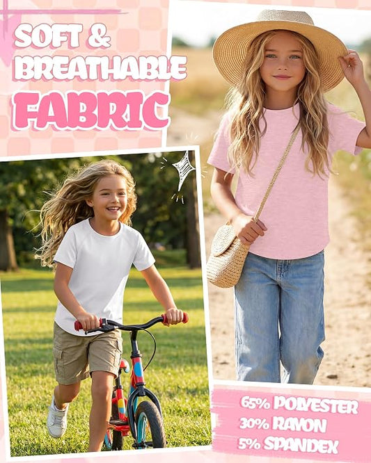 Girls Shirts 4 Pack – Short Sleeve Crew Neck Loose Fit Curved Hem Casual Tees for Teen Girls Kids Sizes 5-14 Summer 2026