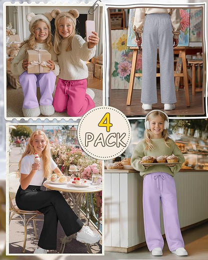 Girls Sweatpants 4 Pack – Wide Leg Drawstring Jogger Pants Straight Leg Athletic Trousers with Pockets for Teen Girls Kids Sizes 5-14