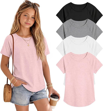 Girls Shirts 4 Pack – Short Sleeve Crew Neck Loose Fit Curved Hem Casual Tees for Teen Girls Kids Sizes 5-14 Summer 2026