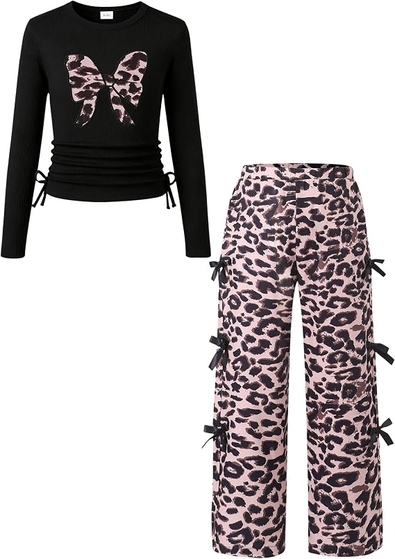 TweenFit Girls Long Sleeve Ruched Knit Top & Bow Pants 2-Piece Fall Winter Outfit | Ages 6-12